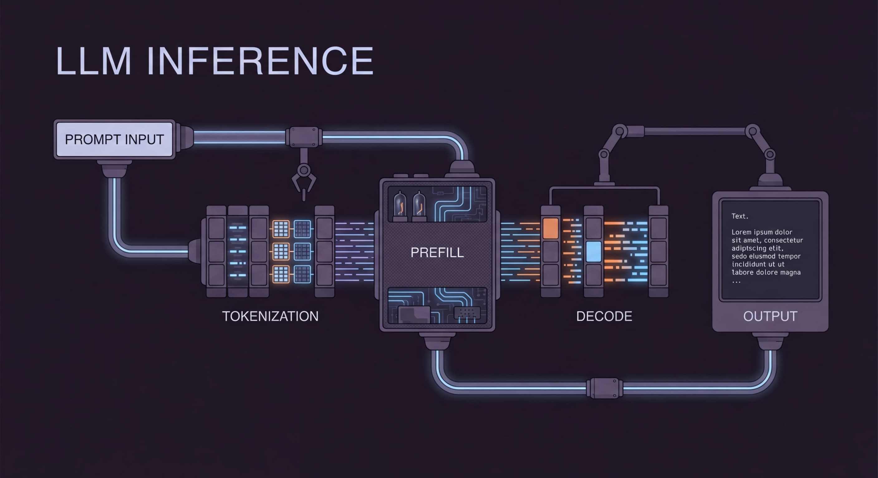 LLM inference pipeline showing prompt input flowing through tokenization, prefill, and decode phases to output